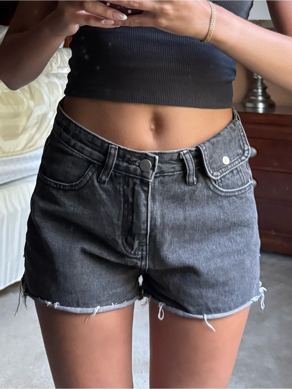Zara Charcoal High-Waist Cutoff Denim Shorts